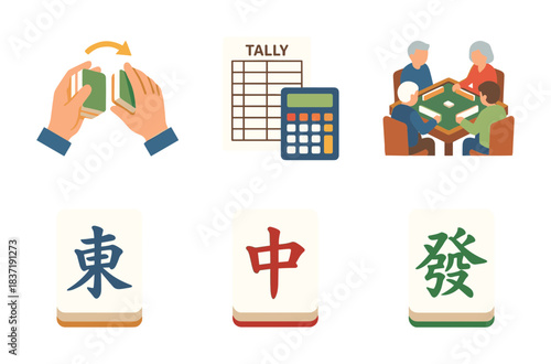 Mahjong game setup and play icons, featuring shuffling tiles, tally sheet, calculator, people playing at a table, and individual tile symbols