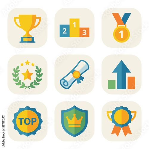 Achievement, Success, and Award Vector Icon Set: Trophy, Medal, Podium, Certificate, and Competition Graphic Elements