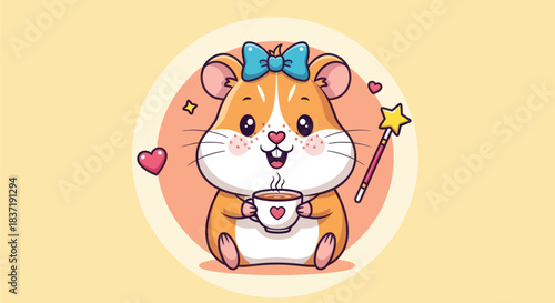 Cartoon hamster enjoying a hot beverage with a bow and magical wand illustration