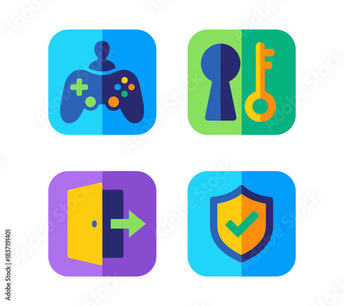 Security and Access Control Vector Icon Set: Key, Lock, Shield, Gaming, and Login/Logout Graphic Elements