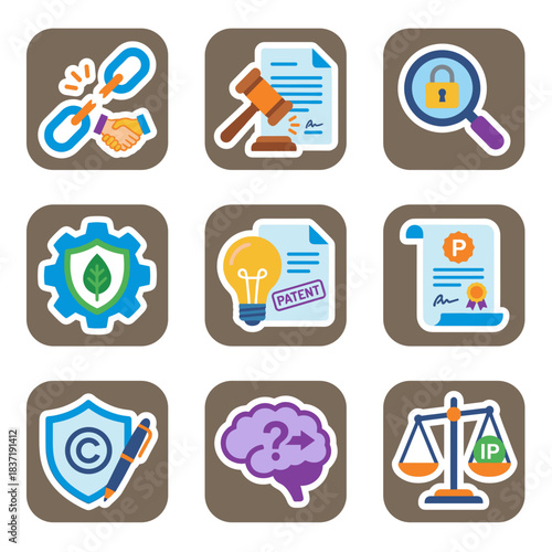 Intellectual Property Law Icons Set: Patent, Copyright, Trademark, Legal Protection and Justice Concept Vector Illustration Collection