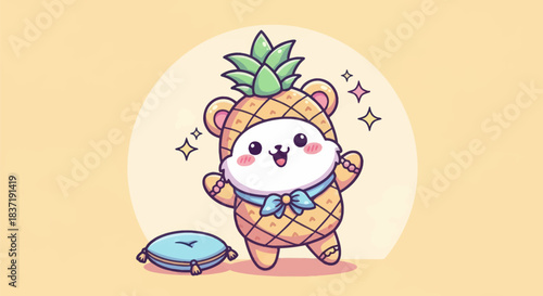 Cartoon hamster in pineapple costume cheerfully smiling with glitter effect