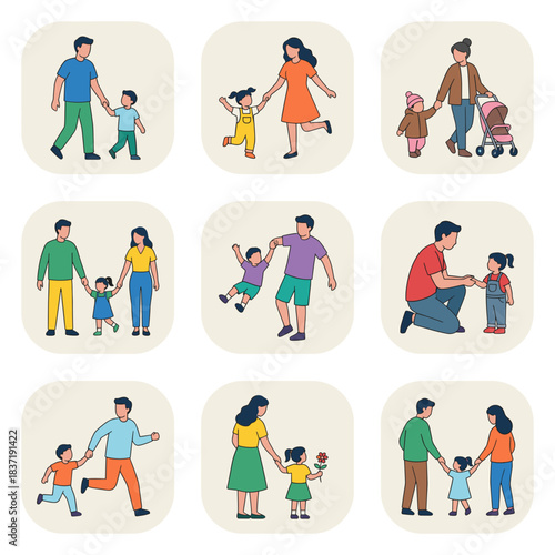 Happy Family Moments Icons Collection: Parents and Children Walking, Playing, Running, and Spending Time Together Vector Set
