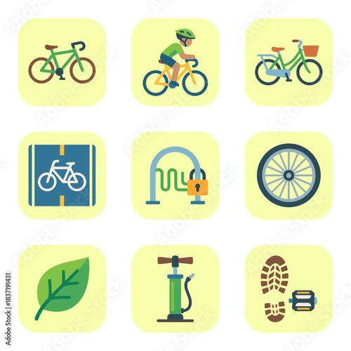 Bicycle Riding and Eco-Friendly Lifestyle Icons: Cycling, Bike Path, Pump, Wheel, and Green Leaf Vector Set for Healthy Living