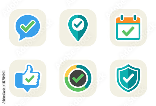 Checkmark and Approval Icons Set: Successful Task, Location Pin, Calendar, Like Hand, Shield Security, and Data Chart Vector