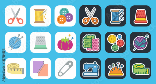 Sewing and Tailoring Icons Set: Needles, Threads, Scissors, Buttons, Thimbles, Measuring Tape, and Sewing Machine Vector Collection
