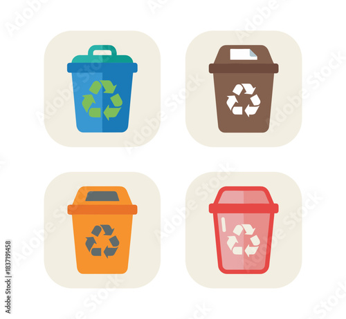 Colorful Recycling Bins Icons Set: Waste Sorting, Management, and Garbage Containers Vector Illustration Collection