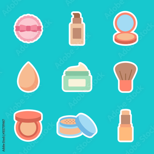 Cosmetics and Makeup Icons Set: Powder, Foundation, Cream, Sponge, Brush, Lipstick, and Beauty Product Vector Collection