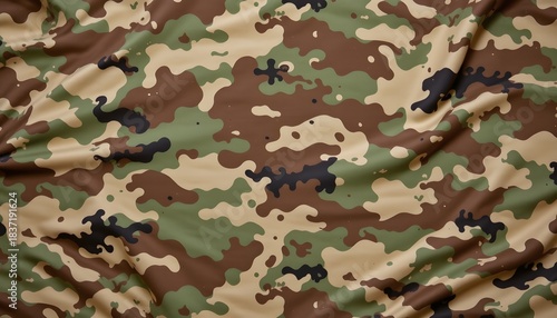Abstract Camouflage Fabric Pattern with Earthy Greens, Browns, and Beiges for Military Applications