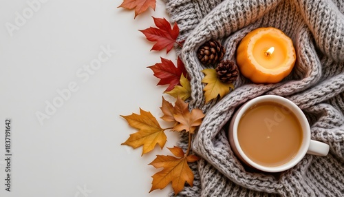 Cozy Autumn Scene with Warm Coffee Mug Decorative Candles and Colorful Leaves on Knit Blanket