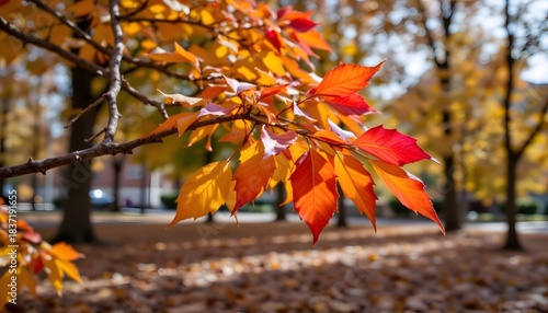 Vibrant Autumn Leaves in Varying Shades of Orange and Red on a Branch in a Sunlit Park Setting
