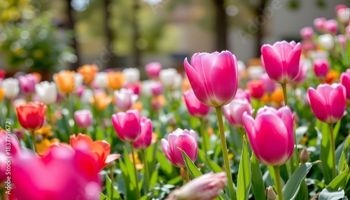 Vibrant Field of Tulips in Full Bloom Under Bright Sunshine in a Lush Spring Garden