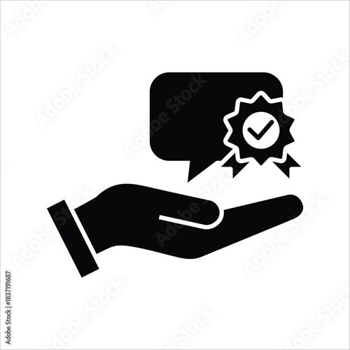 Service quality icon Hand offering verified message, symbolizing guaranteed satisfaction and positive customer feedback assurance for excellent support