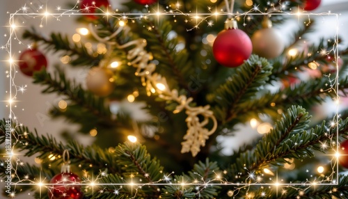 Closeup of a Decorated Christmas Tree with Red and Gold Ornaments and Twinkling Lights