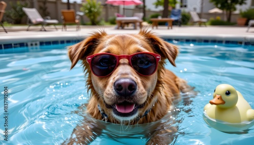 Playful Dog Wearing Sunglasses Swimming in a Pool with a Rubber Duck During a Sunny Day
