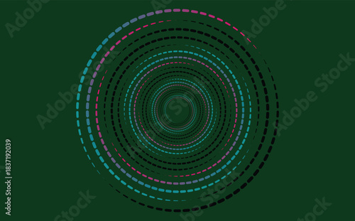 A vivid abstract composition featuring twisting spiral patterns of dotted segments in various colors. This modern background evokes motion, depth, and futuristic energy for tech and creative projects.