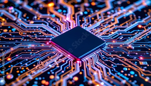 Abstract Circuit Board Design Featuring Microchip with Neon Lights and Intricate Connections