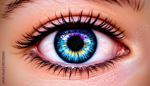 Close-Up of a Colorful Eye with Vibrant Iris and Detailed Pupil Capturing Intricate Reflections