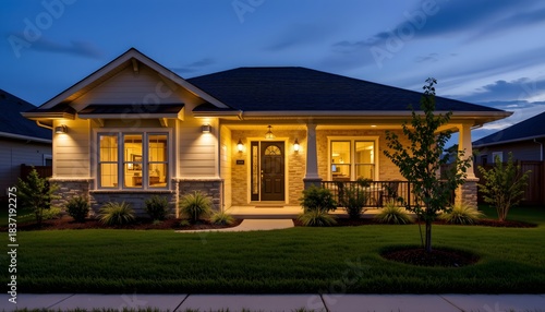 Charming Suburban Home With Welcoming Exterior And Beautifully Landscaped Front Yard At Dusk