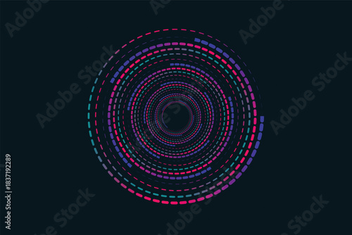 A vivid abstract composition featuring twisting spiral patterns of dotted segments in various colors. This modern background evokes motion, depth, and futuristic energy for tech and creative projects.