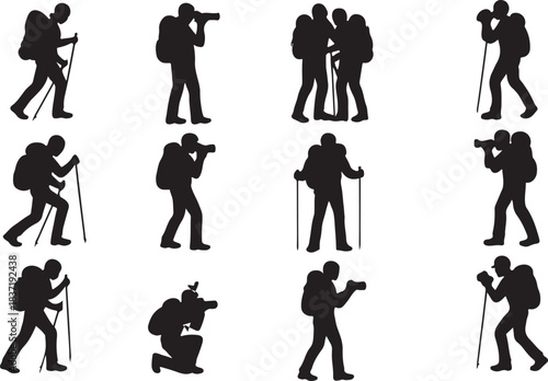 Collection of silhouettes depicting hikers and photographers in various poses carrying backpacks and using trekking poles or cameras during outdoor adventures
