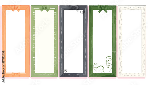 Five decorative frames with bows and stylized details