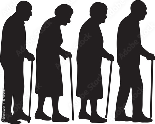 elderly people with walking sticks silhouette vector