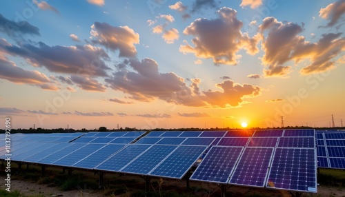 Vibrant Sunset Over Solar Panels Reflecting Sunlight in an Open Field