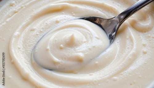 Creamy White Sauce Texture with Swirling Whisk in a Bowl Captured in Bright Natural Light