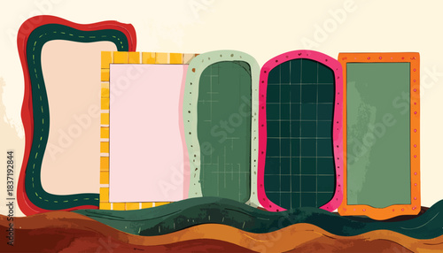 Colorful cartoon frames over stylized earth tones, varied fillings