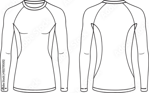  Men's long sleeve compression shirt flat sketch, front and back view, technical fashion drawing, fitted activewear top design, apparel CAD illustration