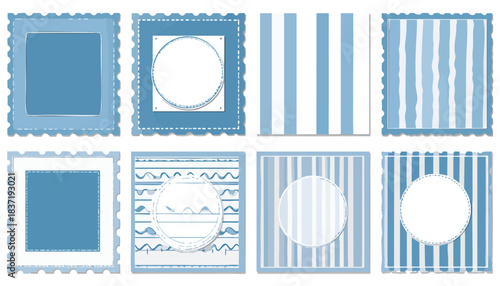 Blue, square scrapbook elements with circle or stripe designs