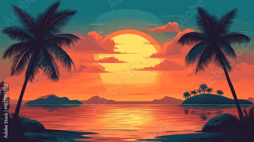 A vibrant sunset scene featuring palm trees, an island silhouette, and a calm sea, creating a tranquil tropical atmosphere.