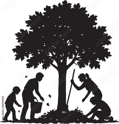 people gathering leaves tree under silhouette vector