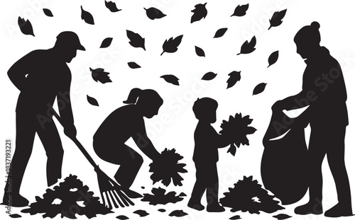 people gathering leaves silhouette vector