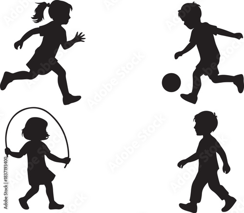 set of 4 children in motion scenes silhouette vector