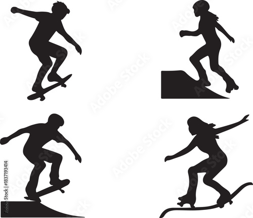 set of 4 different Skateboarders and roller skaters silhouettes riding equipment in skate park