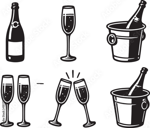 set of 6 Champagne bottle glass bucket and clinking glasses vector illustration celebration party drink toast black and white design