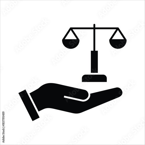 Hand holding a balance scale icon representing justice, law, equality, and ethical principles, symbolizing fairness and legal support