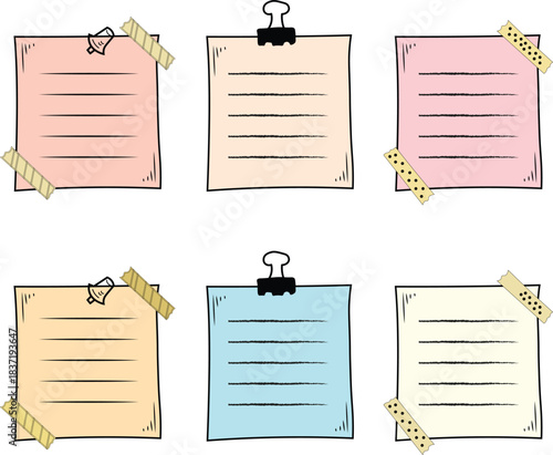 Vector collection of colorful sticky notes with tape pins and curled corners