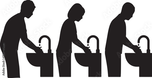 washing hands at three sinks silhouette vector