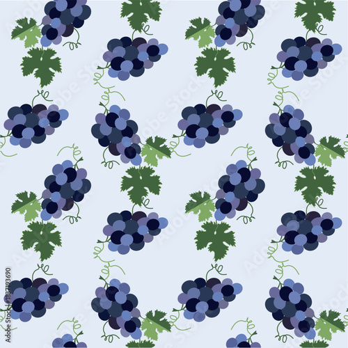 Grape seamles pattern. Bunch of blue grapes with leaves flat design illustration for web, for print design element object, for product design, for wrapping paper