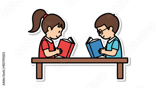 Two young children a girl with ponytail and a boy with glasses sit at a wooden table reading open books under soft illumination learning and education concept