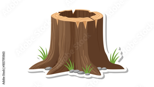 Vector Illustration Of A Rough Textured Brown Tree Stump With Green Grass And Grey Pebbles On A Transparent Background