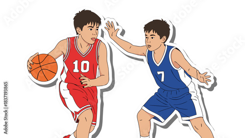Two young males playing basketball in a competitive game wearing red and blue jerseys dribbling and defending on a white background with a black outline