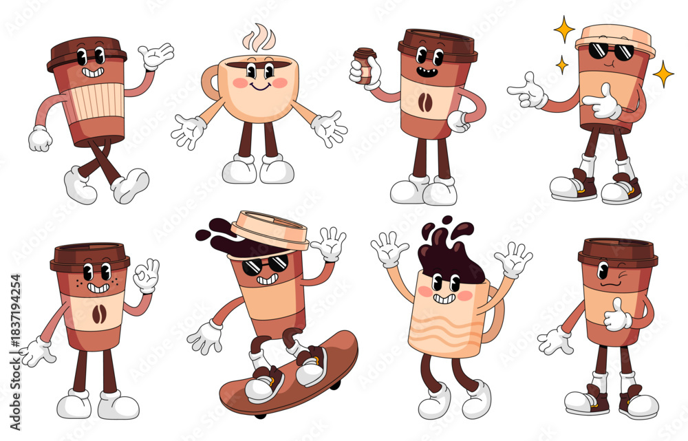 Fototapeta premium Cartoon coffee cup and mug characters set. Hot drink paper cup to go takeaway with funny face, coffee shop cafe retro mascots vector illustration