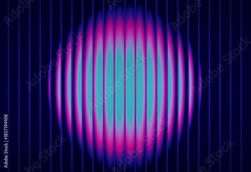 Neon fractal glass circle gradient. Iridescent vibrant ribbed effect for poster background, striped distorted sphere. Abstract futuristic vector cover