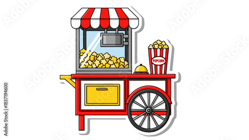 Vintage Popcorn Cart With Red Striped Awning Filled With Freshly Popped Corn And A Bucket Of Popcorn Ready For Sale On Black Background