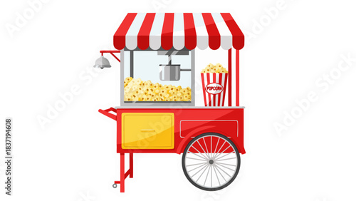 Vintage Red Popcorn Cart with Striped Awning and Freshly Popped Corn Ready to Serve Outdoor Event Concession Stand Fun Fair Treat Snack Machine Classic Design