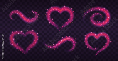 Realistic pink love glow magic trail with sparkles and dust. Valentines day decoration and frames, heart shaped blur vector illustrations set